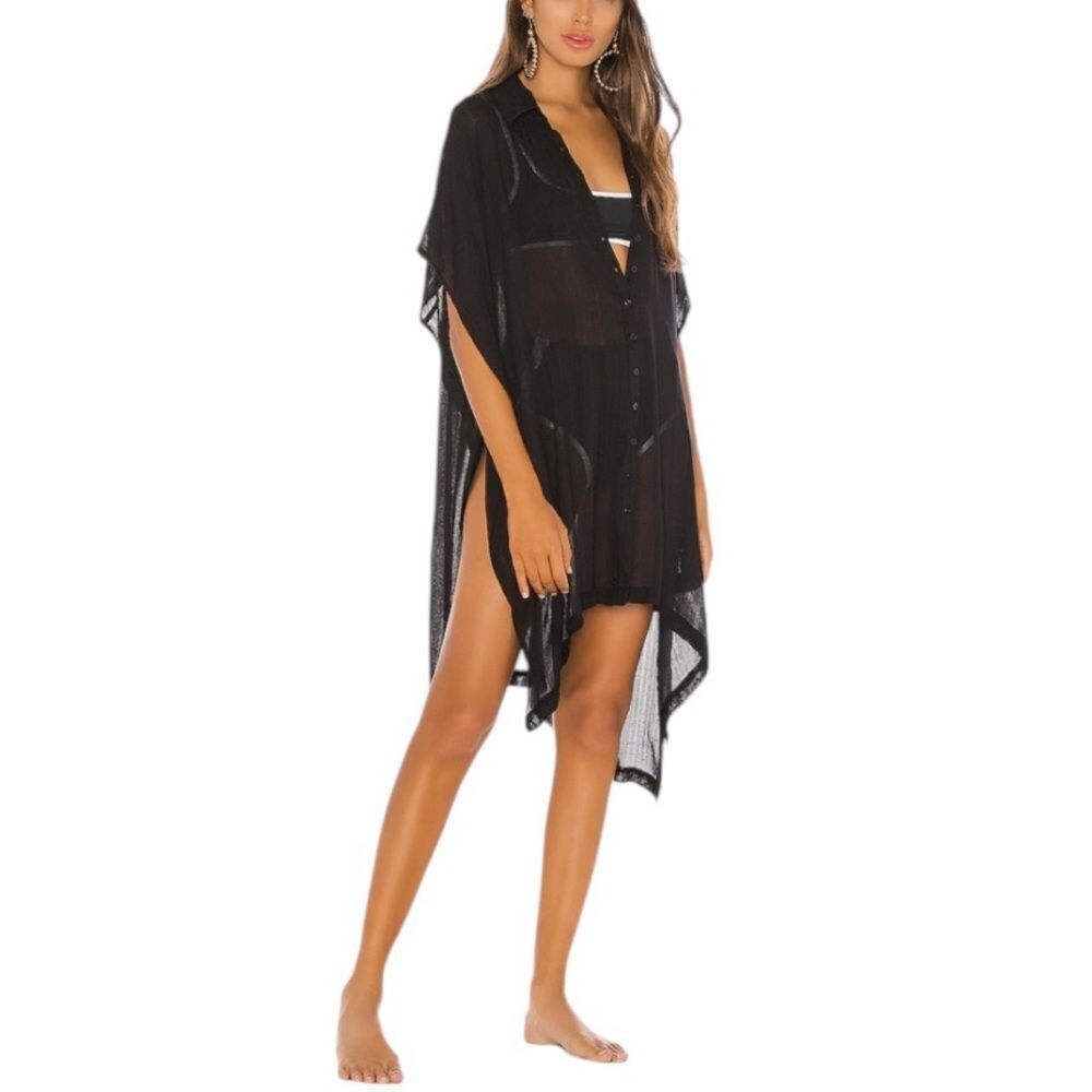 L' Space Anita Black Cover up Button Down Collar Neckline Semi Sheer M/L - Picture 2 of 8